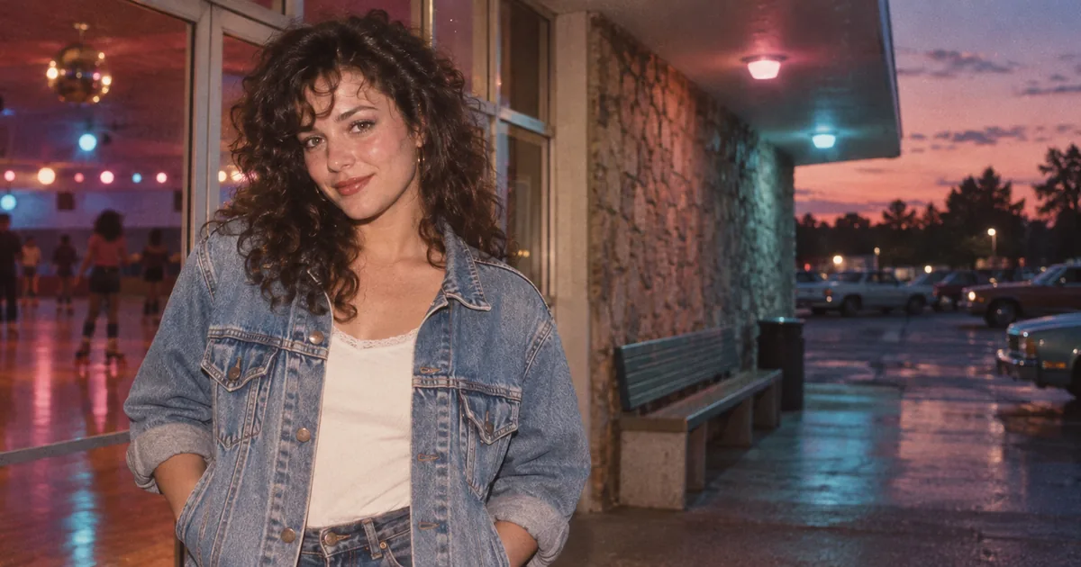 Fictional woman in a denim jacket photographed with direct flash outside a softly lit roller rink at dusk