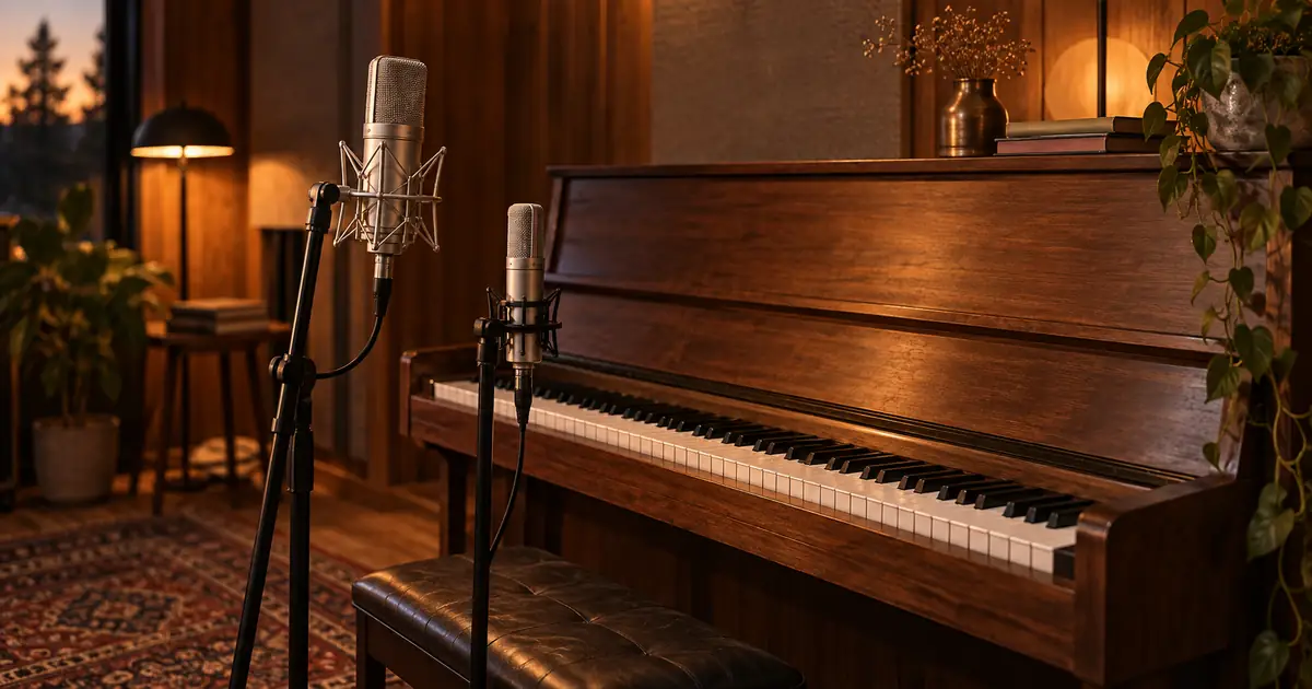 Two microphones at different heights stand beside a compact piano in a warm recording room