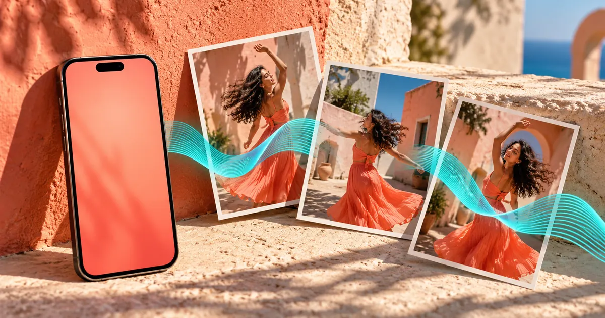 A coral phone and three dancer photographs connected by a turquoise audio ribbon