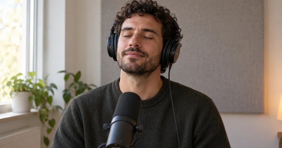 An adult narrator wearing headphones listens closely beside a small microphone in a quiet softly lit recording space