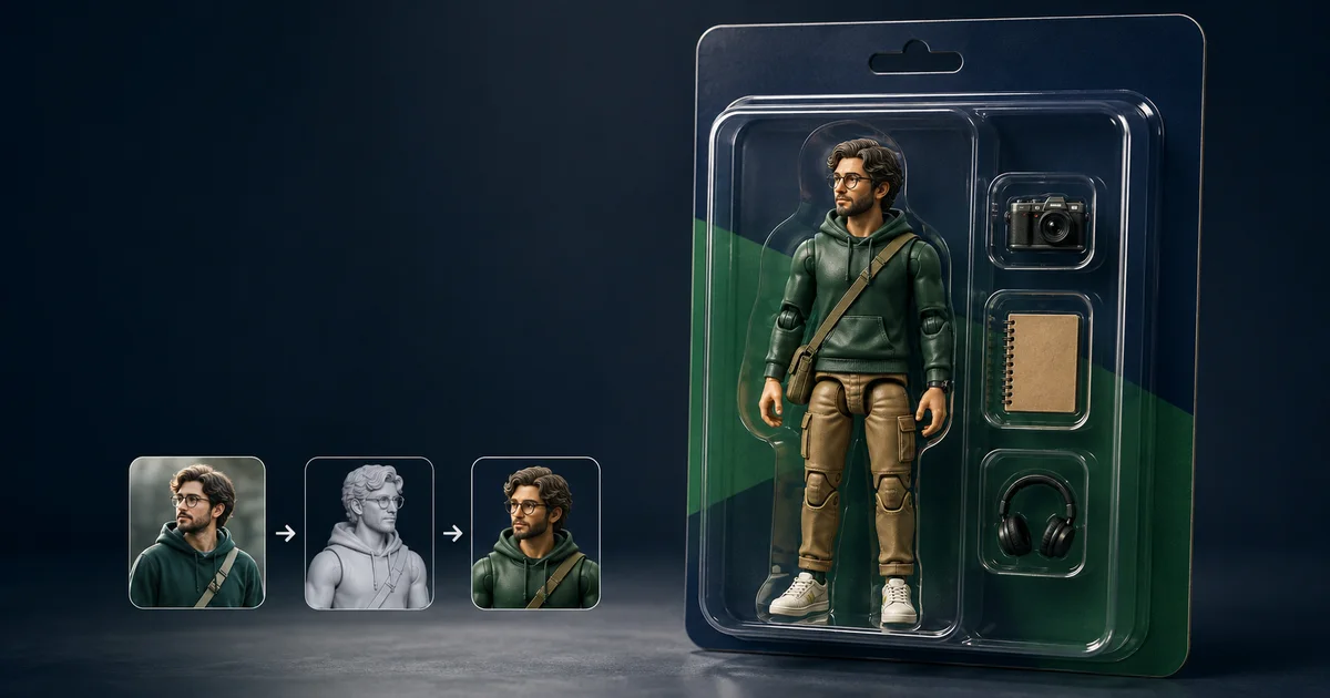 Reference portrait becoming a molded action figure inside an unbranded blister package