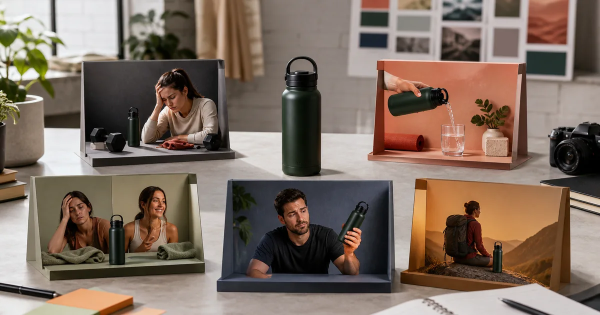 Five distinct product video concepts arranged around the same reusable bottle in a creative studio