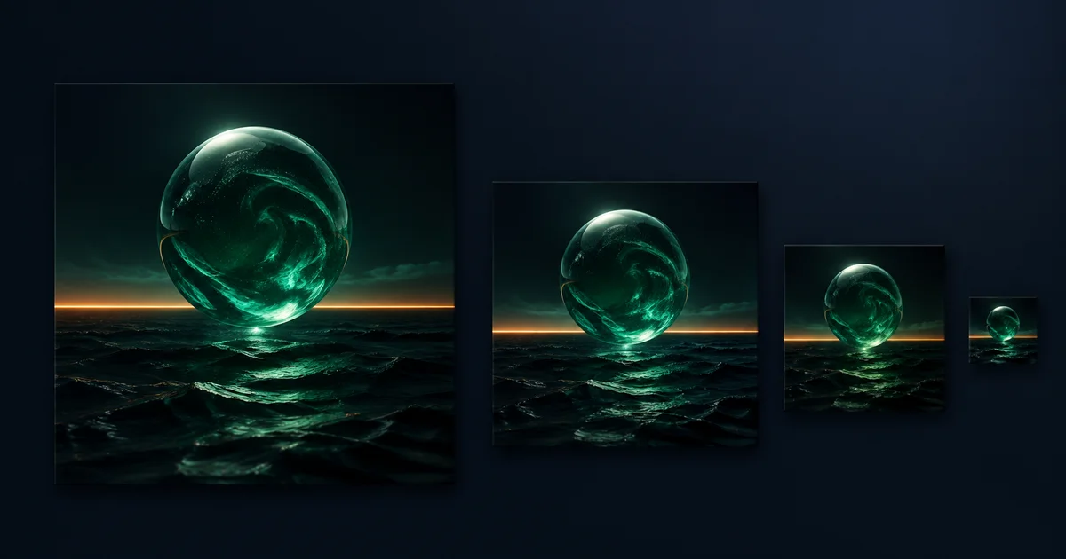 Original emerald-orb album artwork repeated from full cover size down to a tiny thumbnail