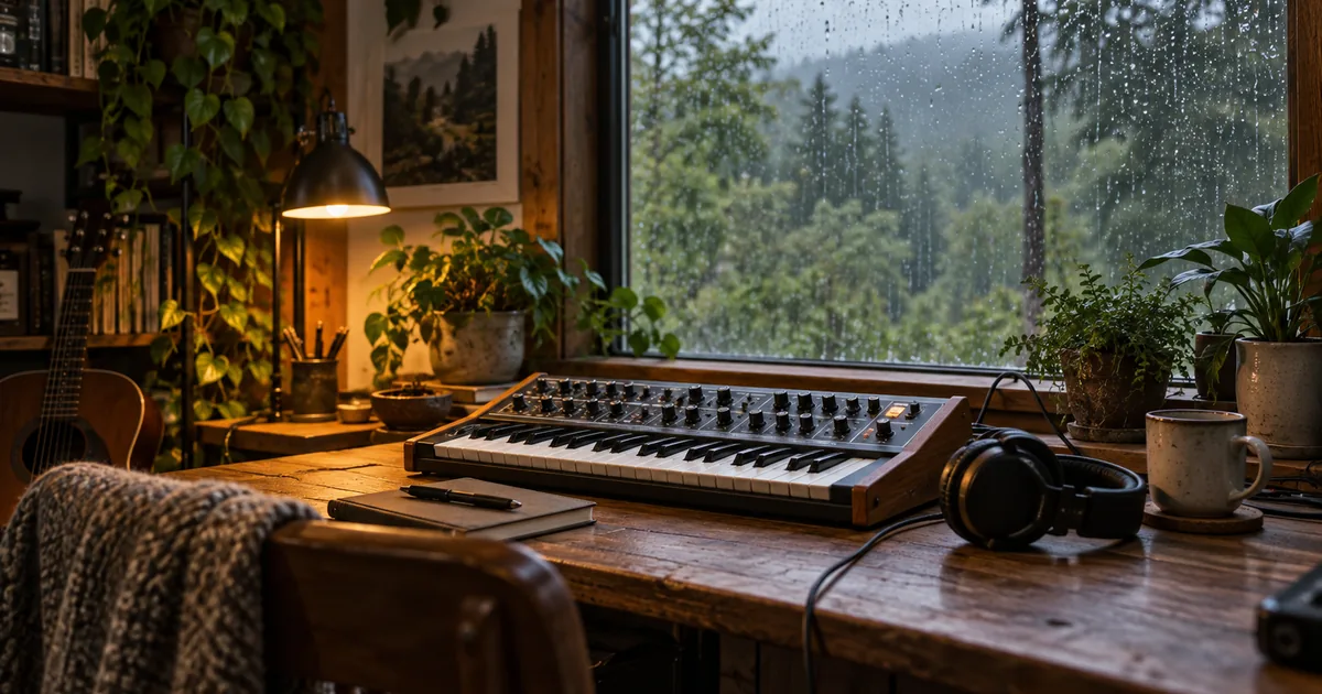 A small synthesizer and headphones beside a rain-speckled window overlooking woodland