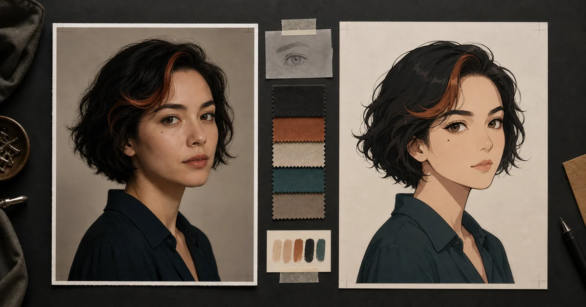 A fictional adult portrait beside a recognizable original anime interpretation with matching identity cues