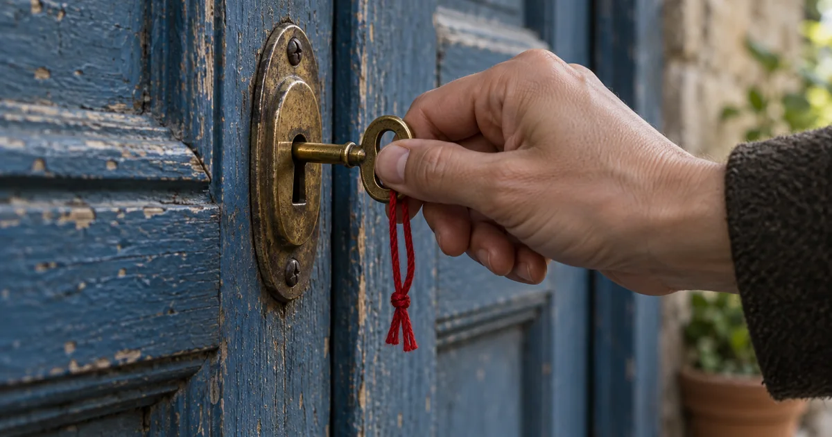 A hand turns a brass key with a red thread loop in a blue wooden door, showing an action a listener may need described