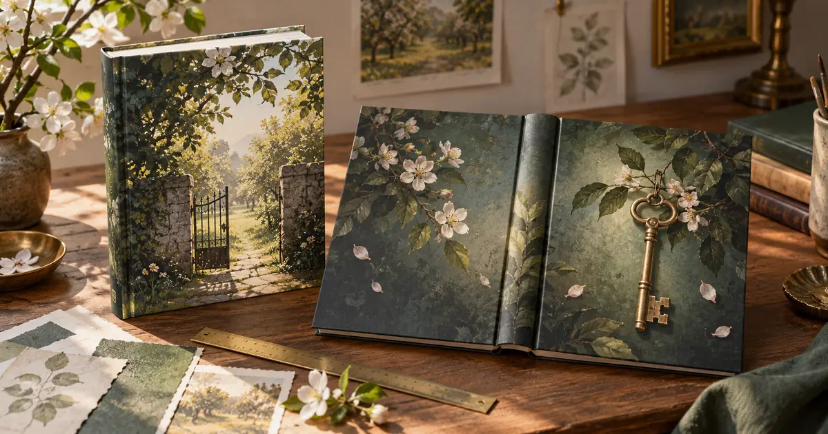 Illustrated orchard book jackets, an open cover wrap, paper swatches and a ruler on a wooden table