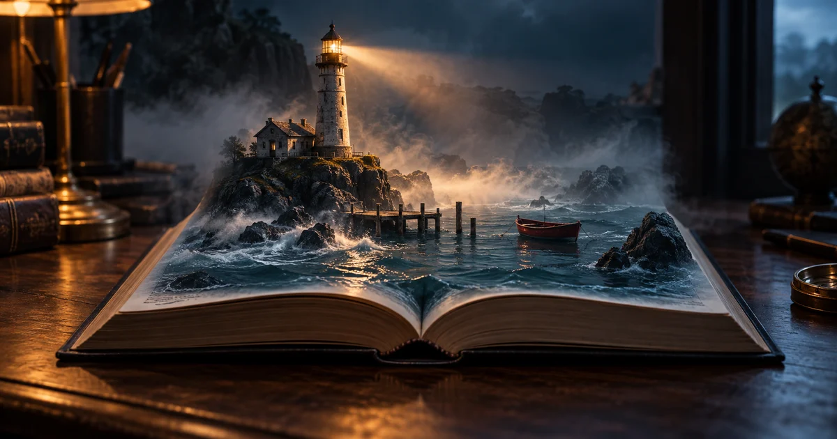 An open unlettered book with a fictional lighthouse and misty harbor rising from its pages