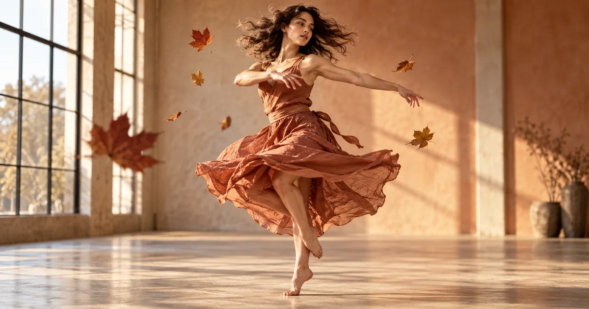 One dancer holds a grounded turn while autumn leaves hang at different depths in a warm sunlit studio
