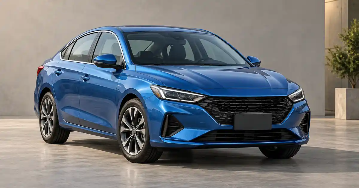 A metallic blue sedan photographed at a three-quarter angle against a simple neutral studio setting
