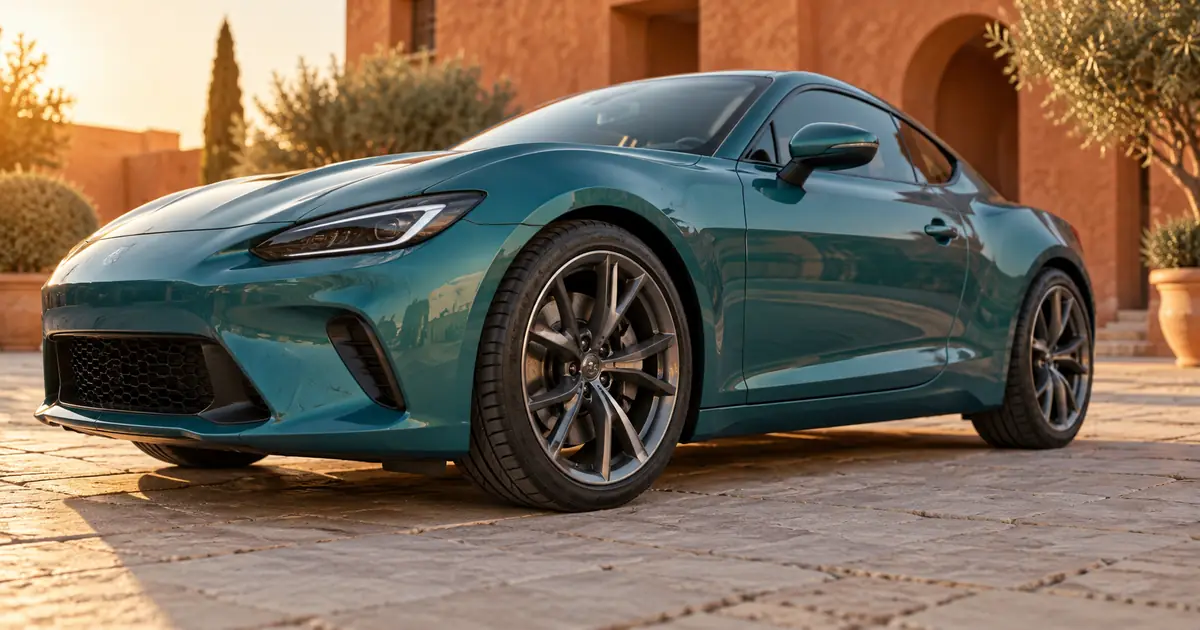 A teal unbranded car seen low beside its round front wheel on a quiet paved courtyard
