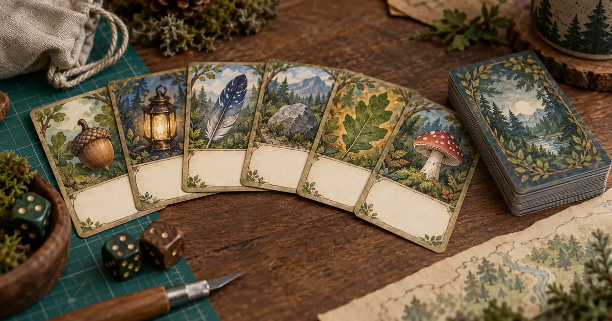 Six woodland resource cards with blank rule areas beside a prototype deck, dice and cutting mat
