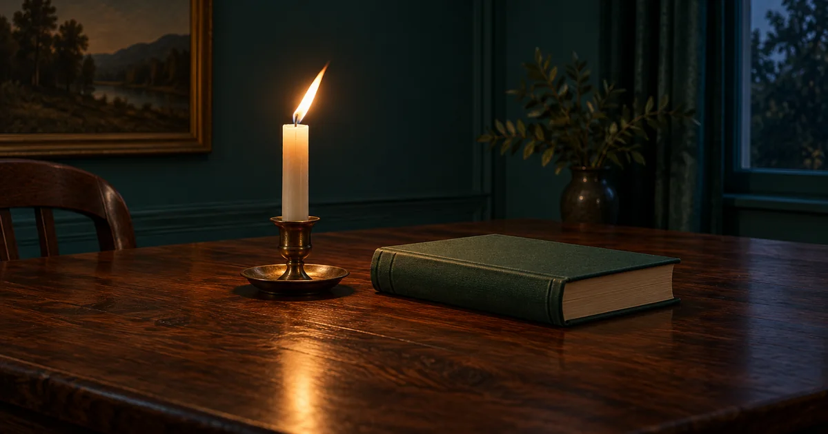A candle flame glows beside a closed green book on a walnut table, illustrating a small motion region in an otherwise still scene