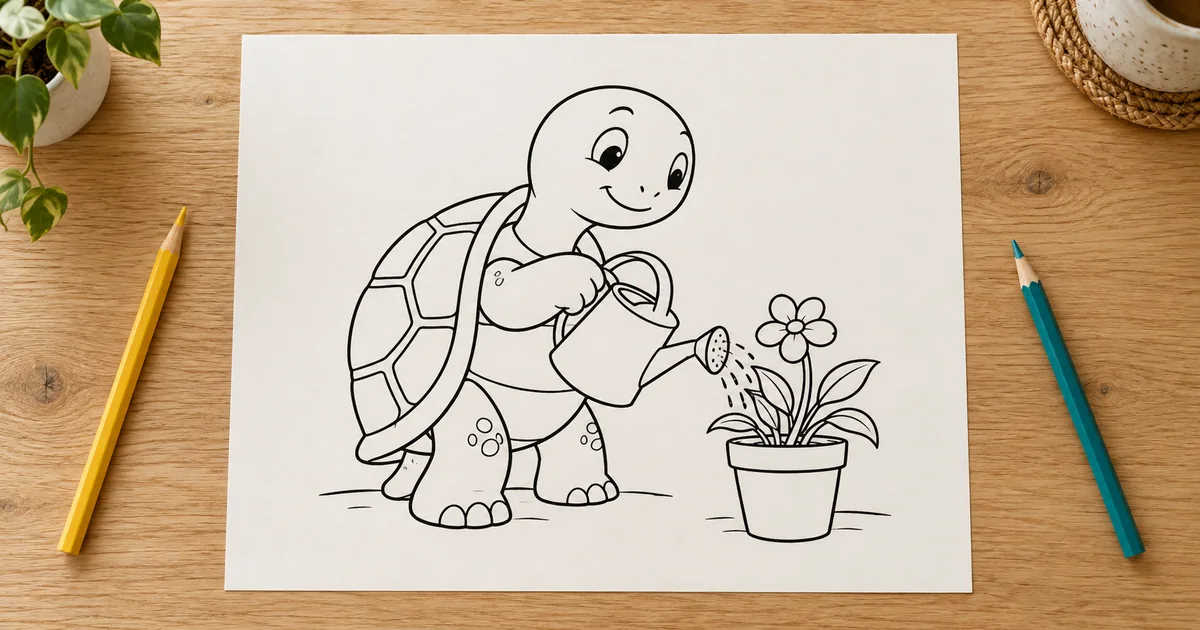 One printed line-art page shows a tortoise watering a plant, with two colored pencils resting beside the paper