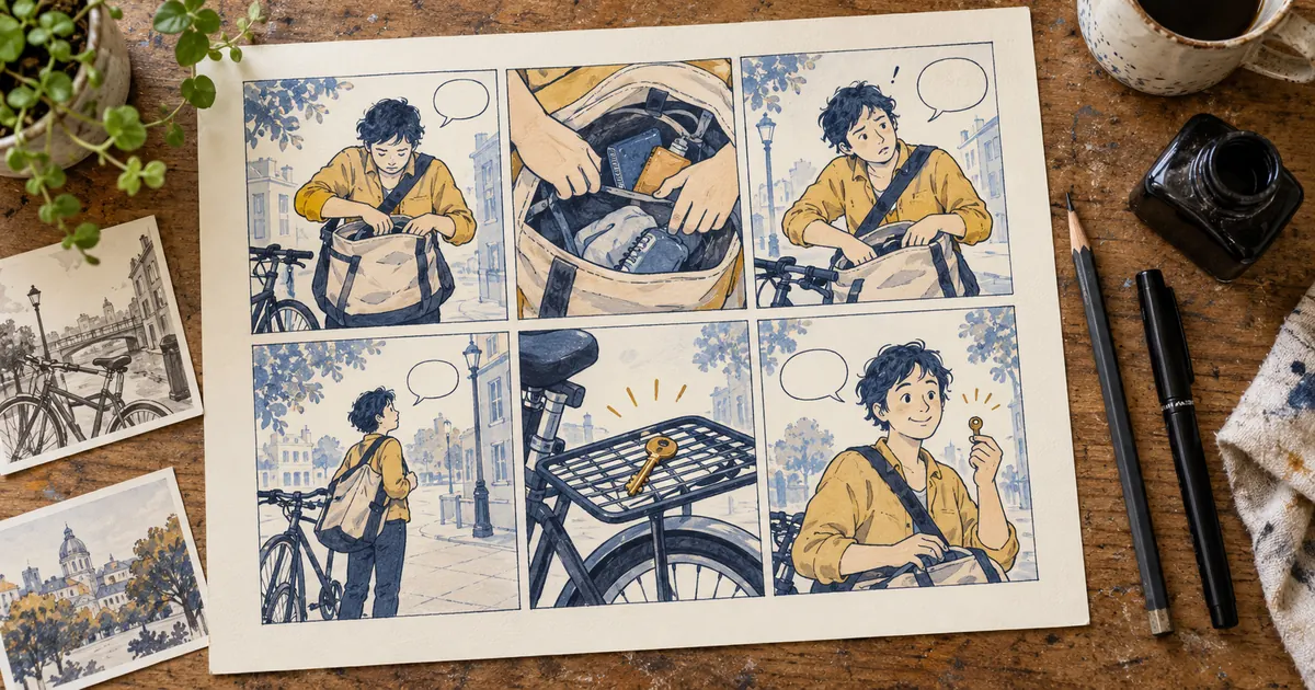 AI-generated concept of a six-panel bicycle-courier comic on a paper sheet with drawing tools