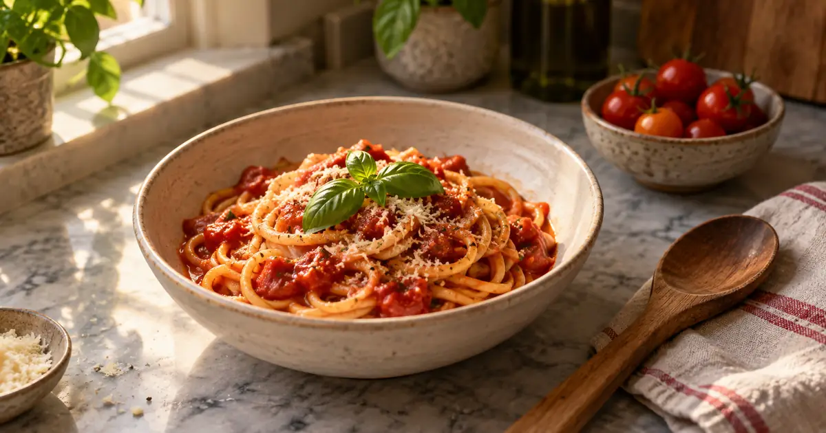 A ceramic bowl of roasted tomato pasta beside tomatoes and a wooden spoon on a sunlit kitchen counter