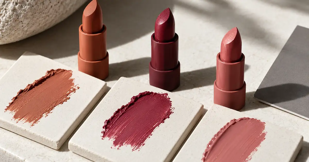 Three unbranded lipstick shades with corresponding real-looking strokes on a pale ceramic surface