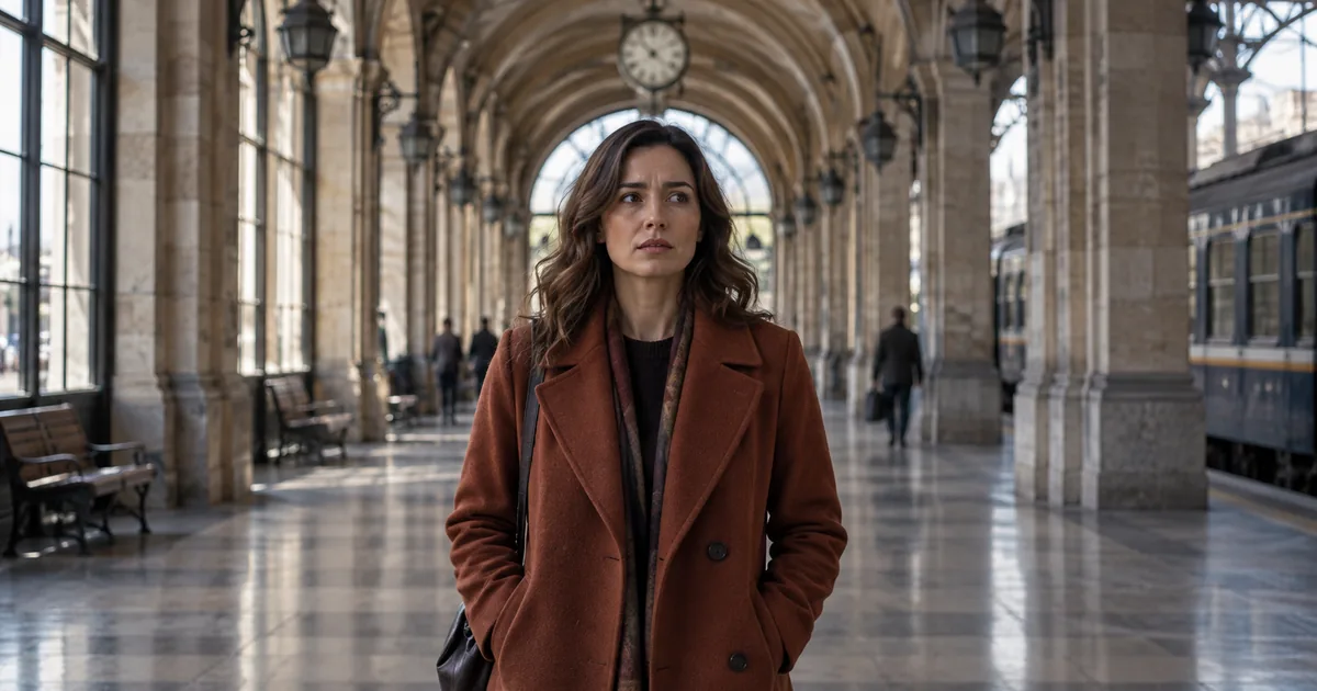 A woman in a rust coat stands still in a deep station corridor with repeating arches