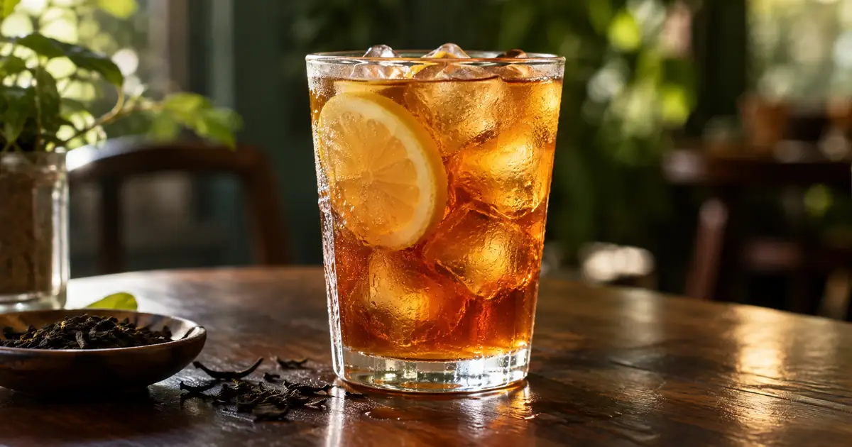 AI-generated illustration of backlit iced tea with irregular ice, a lemon slice and natural condensation