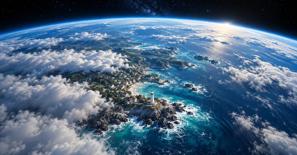 An imaginative aerial scene connects a coastal lighthouse and town with clouds and the curved horizon of Earth