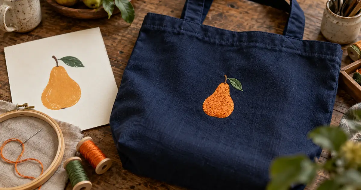 Navy tote with an embroidered pear beside a flat pear drawing, thread spools and an embroidery hoop