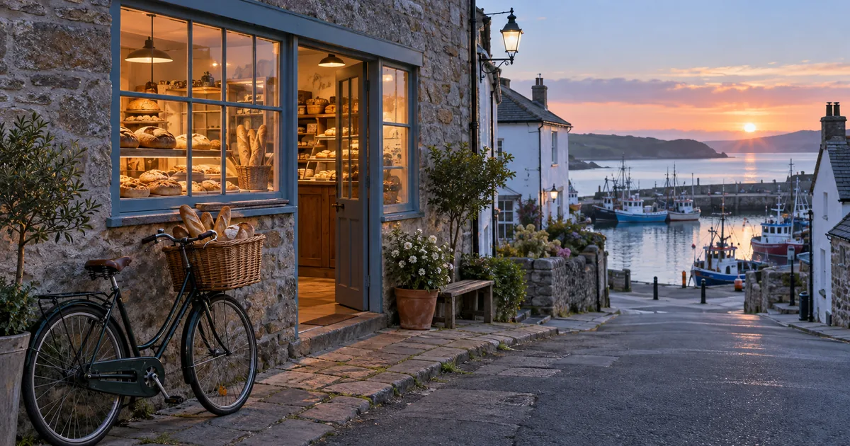 A small coastal bakery at dawn with a bicycle by the left entrance and a harbor on the right