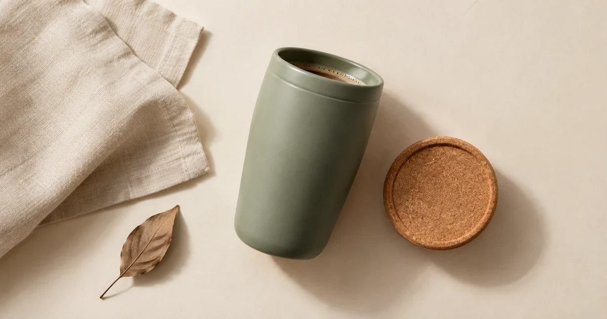 A sage travel mug and cork lid arranged on ivory paper with linen and a dried leaf