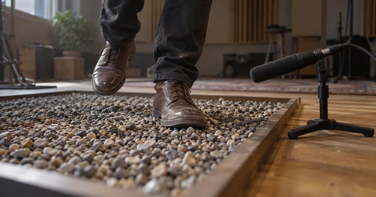 Brown leather boots stepping into a gravel Foley tray with a studio microphone positioned nearby