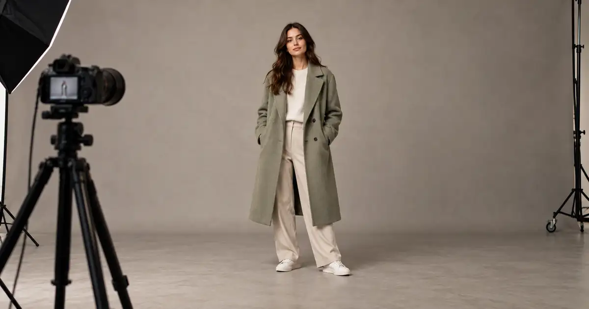 Full-body studio portrait of an adult in a sage coat with visible headroom and floor beneath both shoes