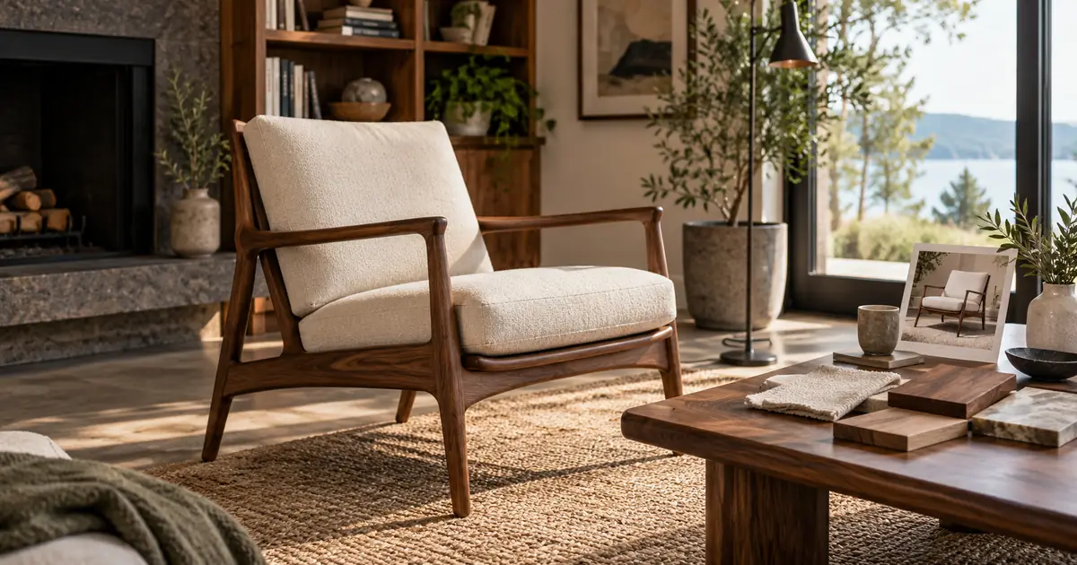 Walnut lounge chair beside its reference photograph and material swatches in a sunlit reading corner