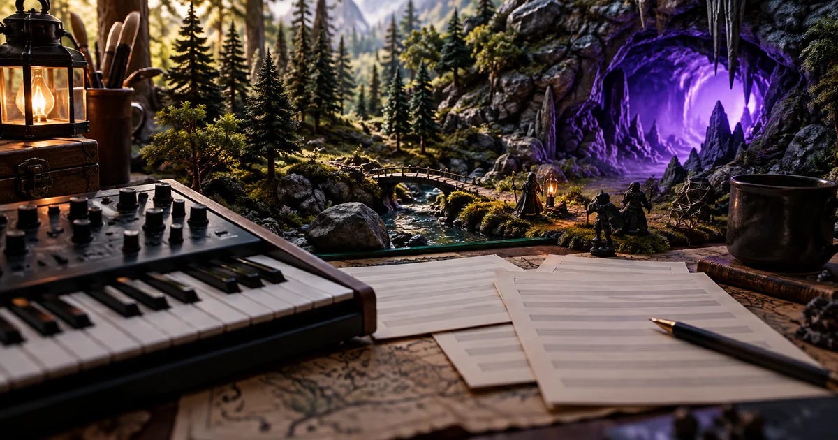 A game composer’s desk with a synthesizer before a miniature forest and glowing cave scene