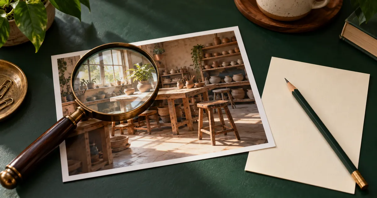Magnifying glass over an illustrated pottery workshop photograph beside a blank planning card.