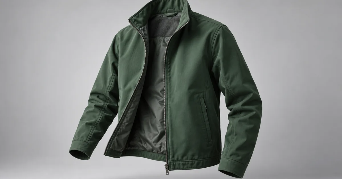 A green jacket shown in a hollow garment shape with an open neck, visible lining and clean seams