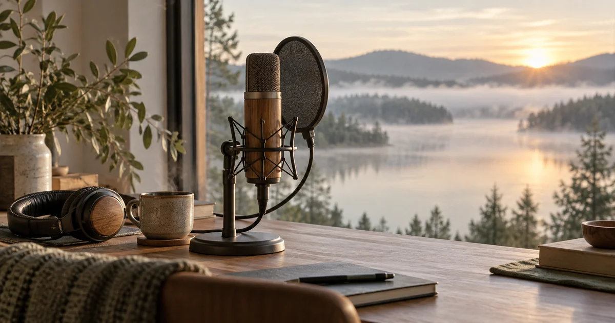A microphone and headphones in a quiet recording corner overlooking a misty lake at dawn