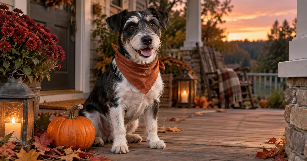 A black and white terrier wearing a rust bandana beside a pumpkin on a porch at dusk