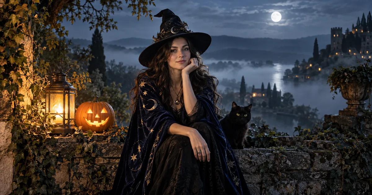 A woman in a blue celestial witch costume sits beside a glowing pumpkin with a moonlit castle behind her