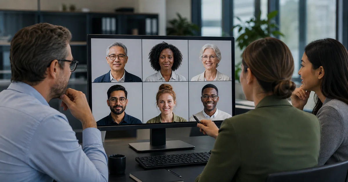 Three colleagues reviewing six unique employee portraits with consistent crop and lighting