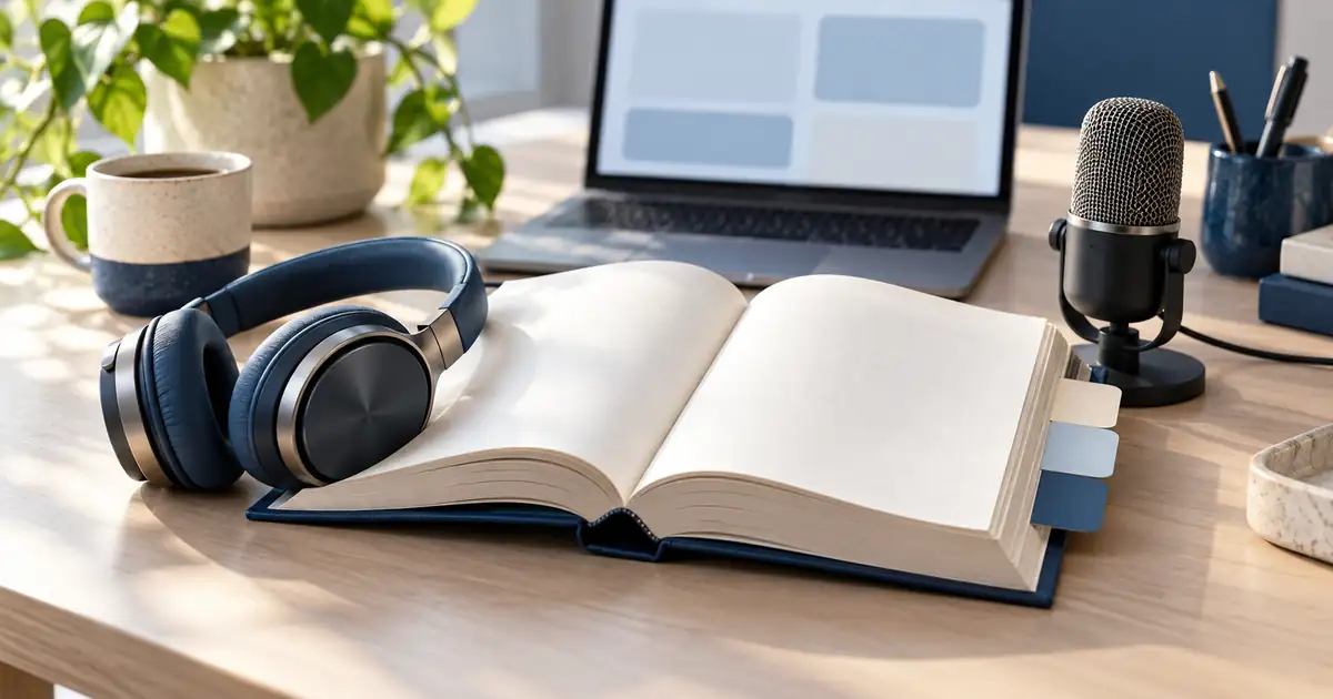 Headphones and a microphone beside an open reference book with three index tabs