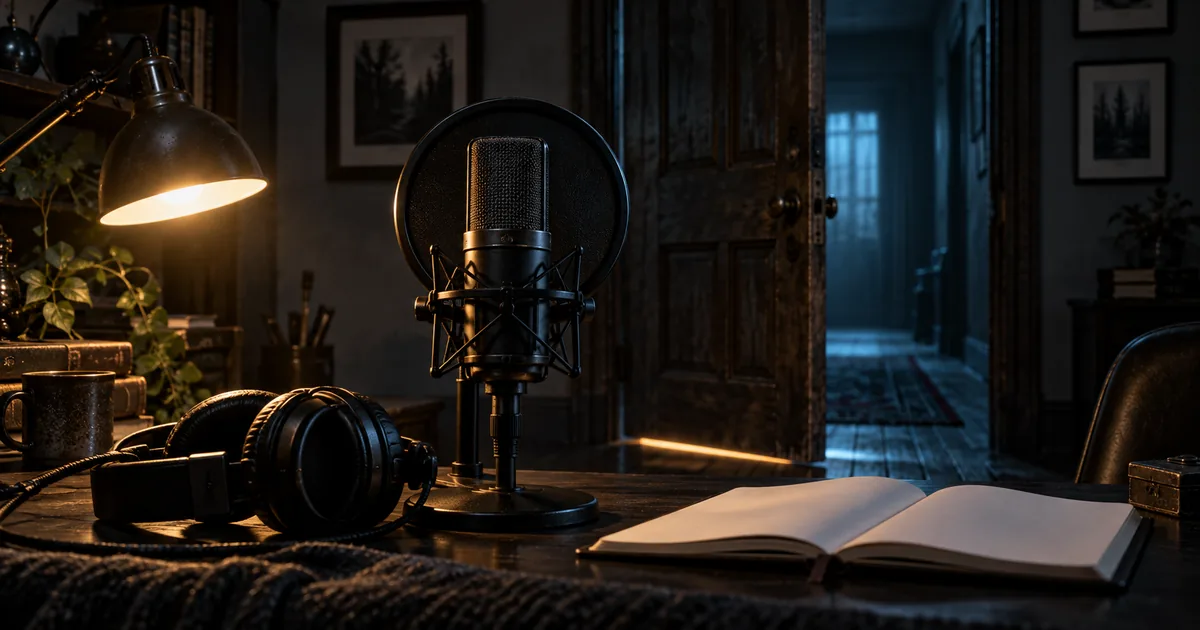 A studio microphone and headphones sit beside an open notebook while a dim blue corridor shows through a doorway