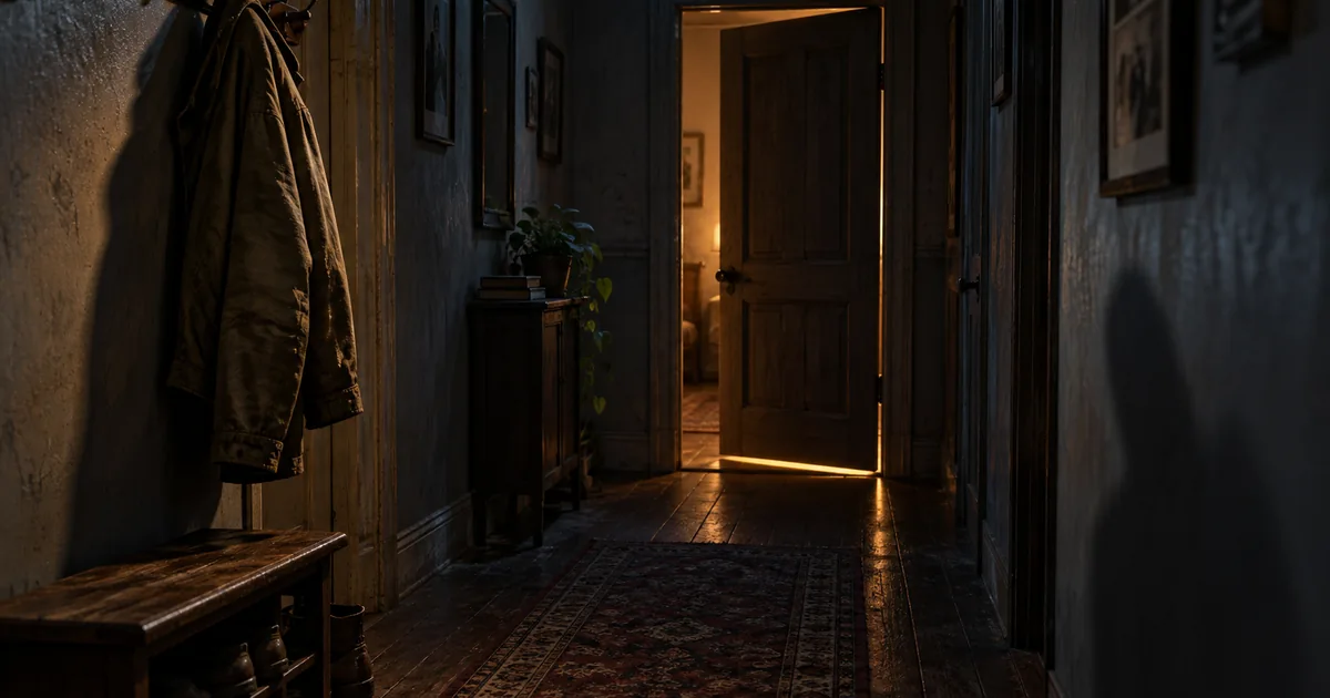 A dim apartment hallway with an empty coat on a hook and warm light beneath a distant door