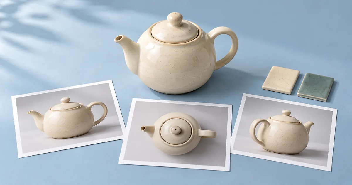 Fictional cream teapot with unlabelled angle-reference prints and ceramic glaze swatches on a blue surface.