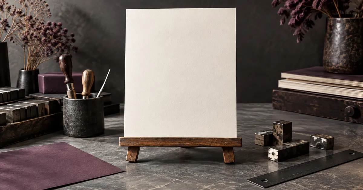 Blank poster on a designer’s worktable with a ruler, paper swatches and printing tools.