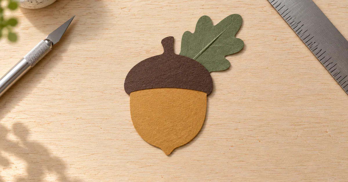 A single acorn-shaped cut-paper illustration lies on a neutral craft surface with a few plain cutting tools