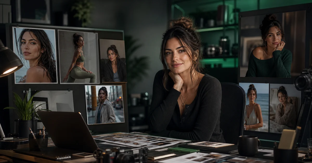 Fictional AI influencer with a consistent multi-scene character reference board