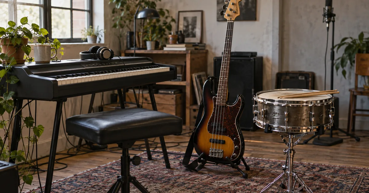 An electric piano, bass guitar and snare drum in a recording corner with an unused microphone in the background