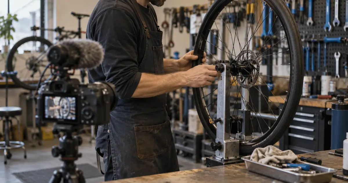 AI-generated editorial illustration of a camera filming a bicycle mechanic working on a wheel