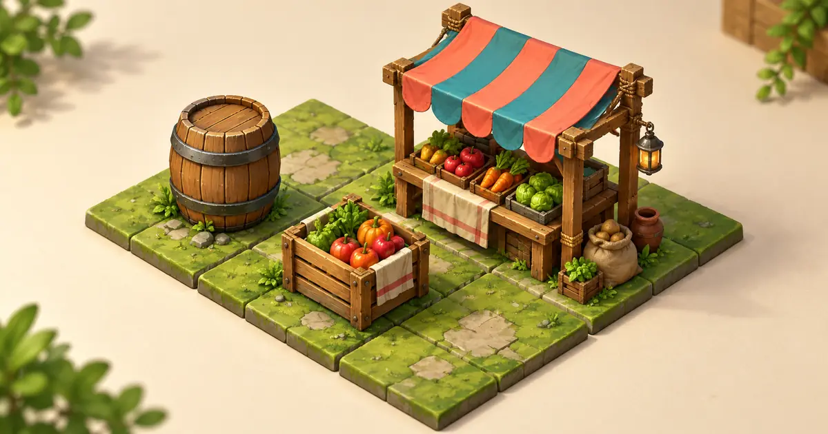A barrel, a produce crate and a small market stall arranged on a colorful isometric tile board