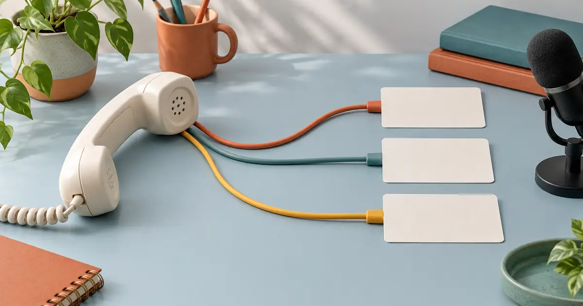 An office telephone handset beside three neatly branching cables and blank modular script cards