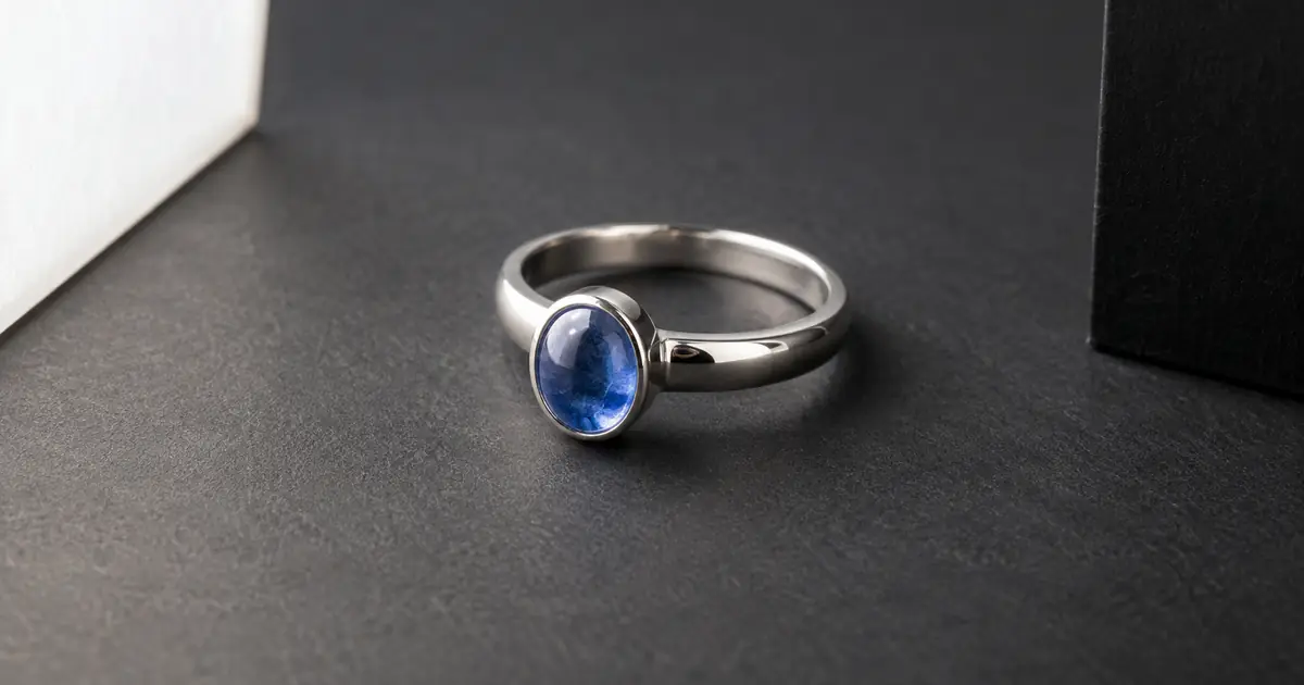 A silver ring with one blue stone beside white and black reflection cards on a jeweler’s tabletop