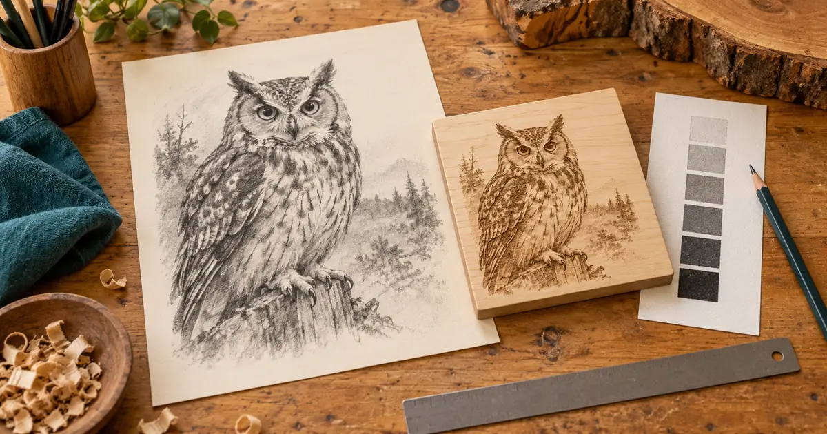 An owl illustration on paper beside an engraved wooden sample and a grayscale proof on a maker's workbench